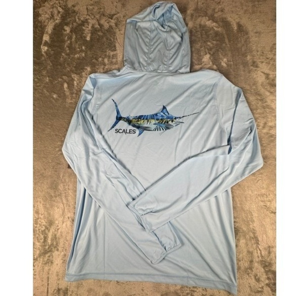 Scales Hoodie Mens XXL Blue Marlin Performance Sun Shirt Long Sleeve Thumbholes - Picture 2 of 11